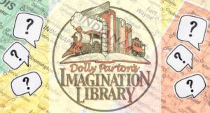 imagination library logo laid on top of a map of indiana. there are images of question marks on either side