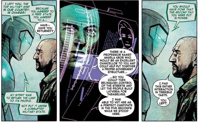 Doom, as Iron Man, scolds his unreceptive top general for being corrupt and recommends someone he can call in to improve things in Latveria.