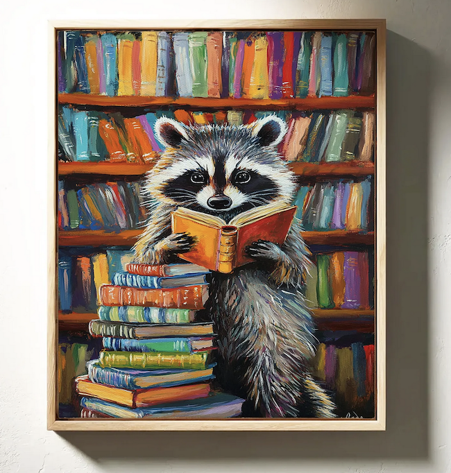 an illustration of a raccoon reading a book beside a stack of colorful books with a bookshelf as the background