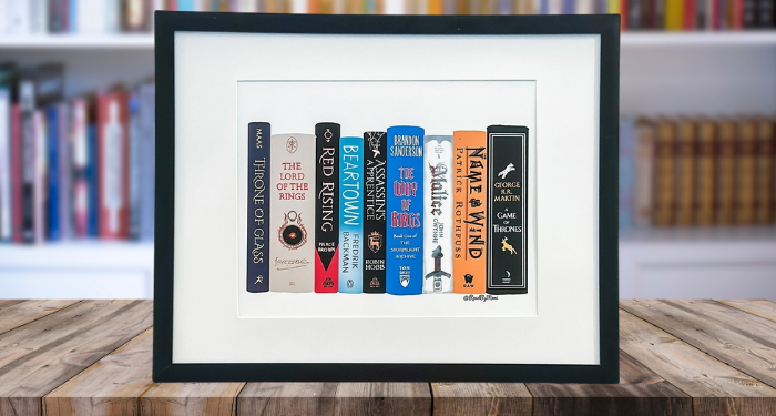 a framed print of a custom bookshelf illustration