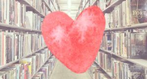 image of a red heart overlaid on an image of library bookshelves