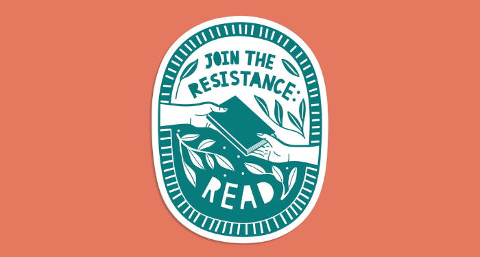 a teal and white sticker on an orange background. The sticker has a linocut image with an image of hands holding a book and the words "join the resistance, read"