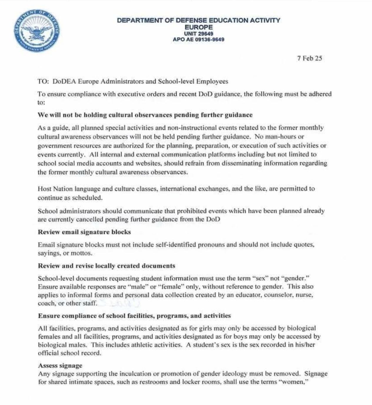 Page one of the Department of Defense Education Activity Europe letter requiring compliance with executive orders around gender and dei initiatives.