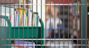 library cart behind bars image