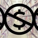 image of the inside of a library with three black dollar signs crossed out laid on top