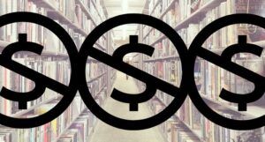 image of the inside of a library with three black dollar signs crossed out laid on top