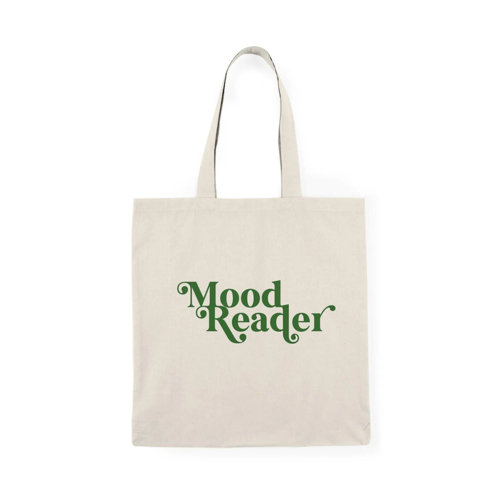 Image of a canvas tote. There is dark green text in the center that says "mood reader."