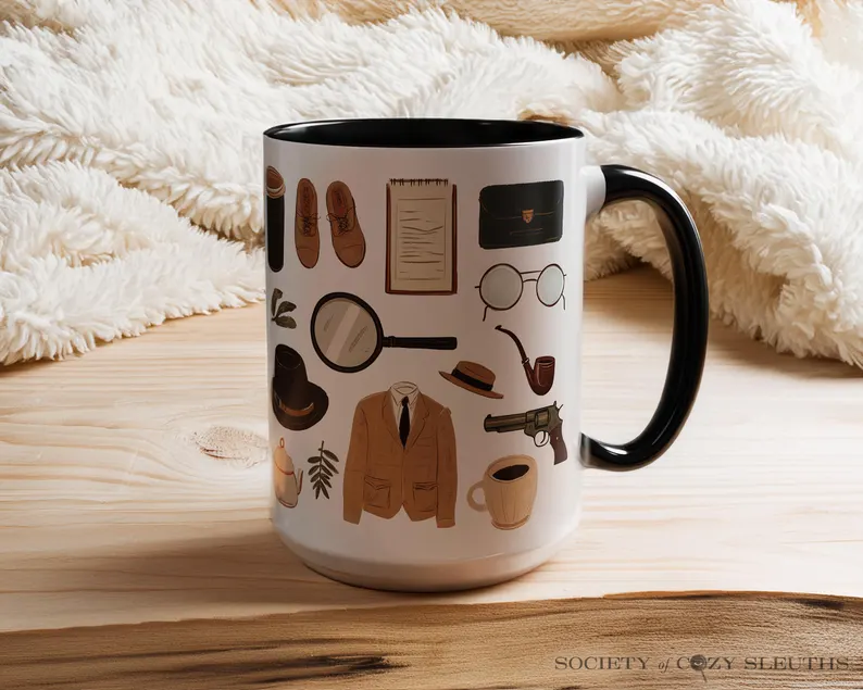 Coffee mug with illustrations related to mystery novels 