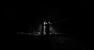 person shining flashlight out onto a dark street at night