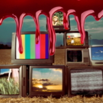 image of several tvs in a field. There are blood drips on top.