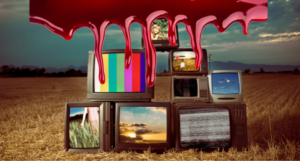 image of several tvs in a field. There are blood drips on top.