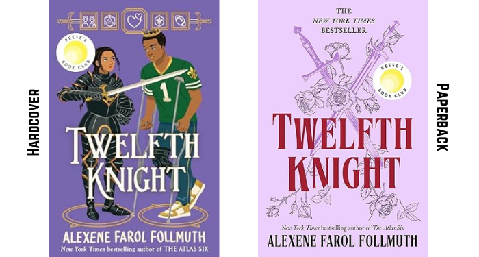 side by side covers of twelfth knight. the hardcover is on the left and paperback on the right. 