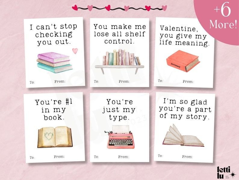 a set of printable bookish Valentine's Day cards