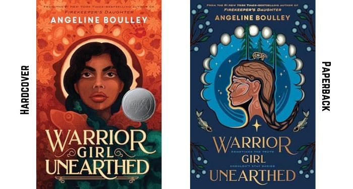 side by side covers of warrior girl unearthed. the hardcover is on the left and paperback on the right. 