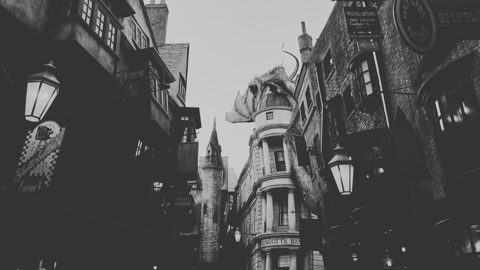 a black and white photo of the Wizarding World in Universal Studios