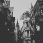 a black and white photo of the Wizarding World in Universal Studios