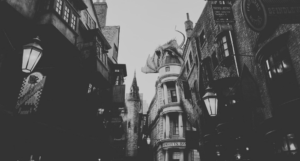 a black and white photo of the Wizarding World in Universal Studios