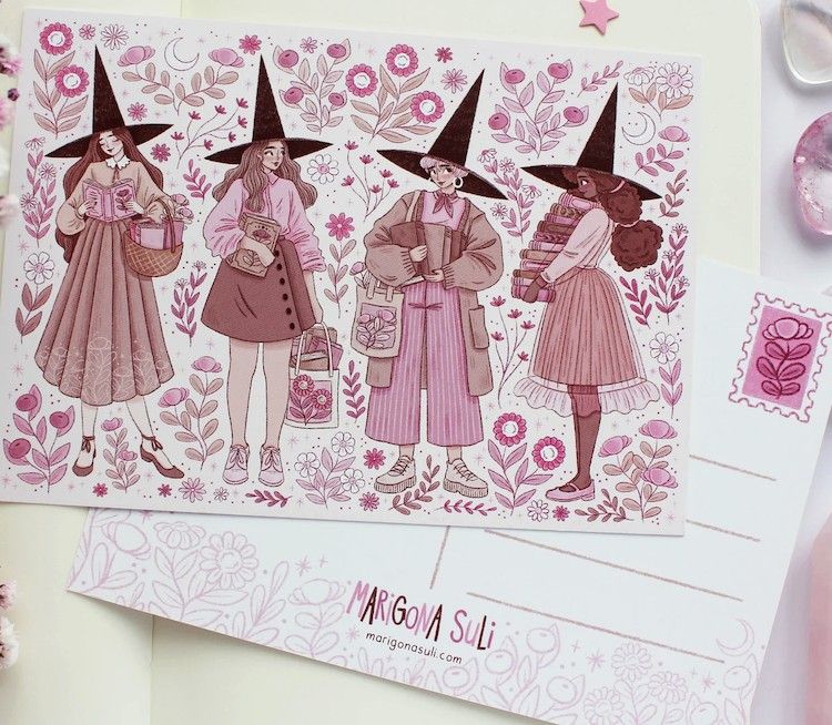 an illustrated postcard in pink tones of four witches reading books