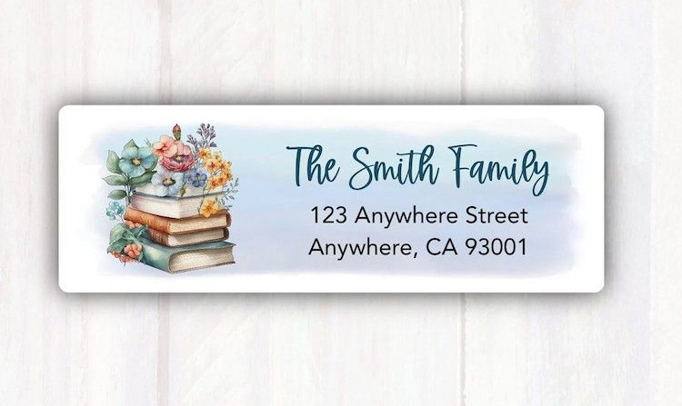 illustrated return address label with a stack of books and flowers