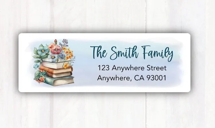 illustrated return address label with a stack of books and flowers