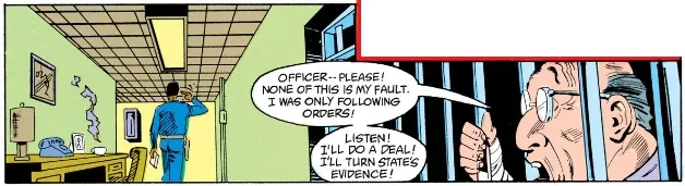 Behind bars, the Ventriloquist begs a police officer for leniency because he was "only following orders."