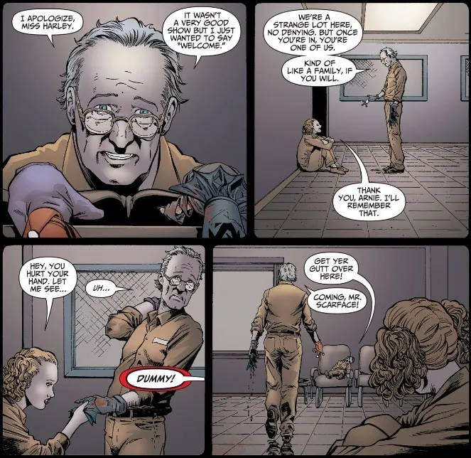 The Ventriloquist welcomes Harley Quinn to Arkham Asylum with a puppet show. Scarface scolds him for it.