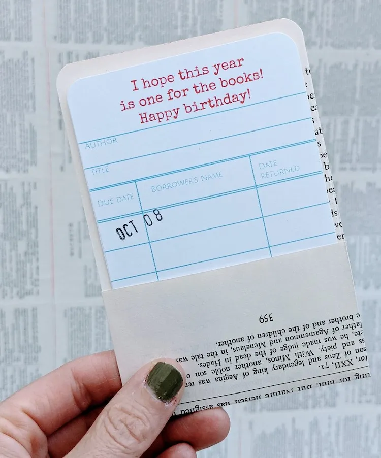a greeting card designed as a library card with sleeve