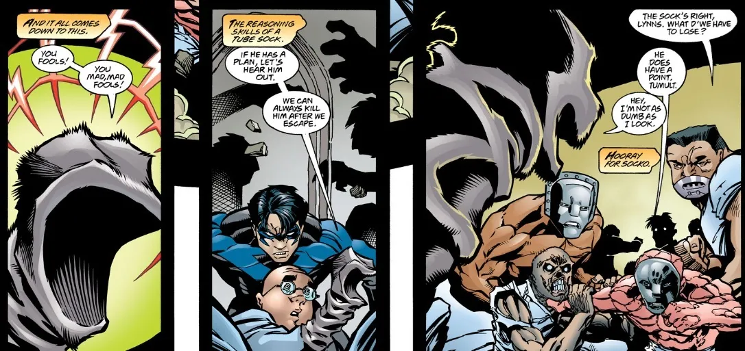 Ventriloquist, speaking through his sock puppet Socko, tells his fellow Blackgate inmates to listen to Nightwing.