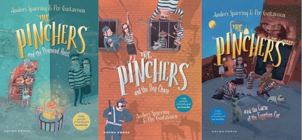 Book Covers of The Pinchers series (The Pinchers and the Curse of the Egyptian Cat, The Pinchers and the Dog Chase, and The Pinchers and the Diamond Heist) by Anders Sparring and illustrated by Per Gustavsson