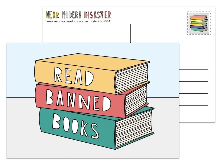 illustrated postcard with a stack of books that says "read banned books"