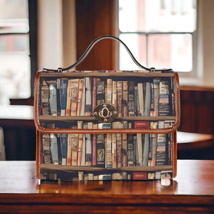 a cnvas handbag in a vintage book print with a brown vegan leather trim