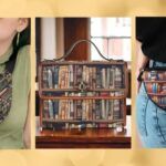 three images of bookish bags: two belt bags and a handbag in bookish prints