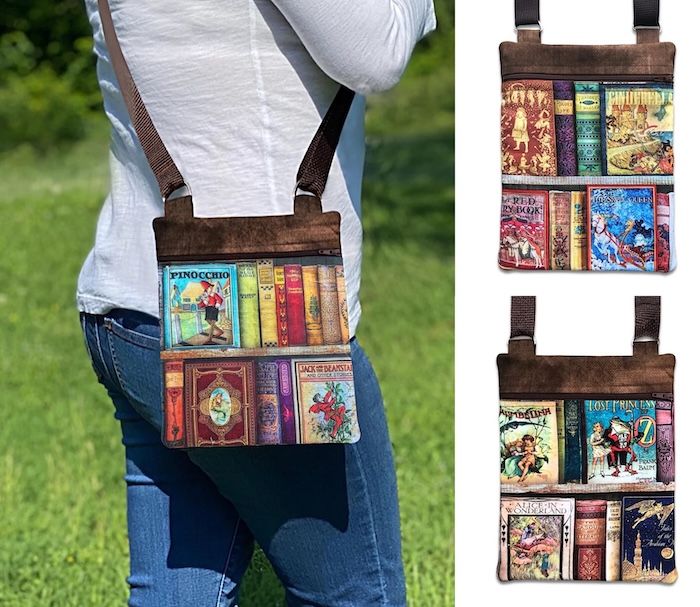 crossbody bag in a classic fairytale book print with brown trim