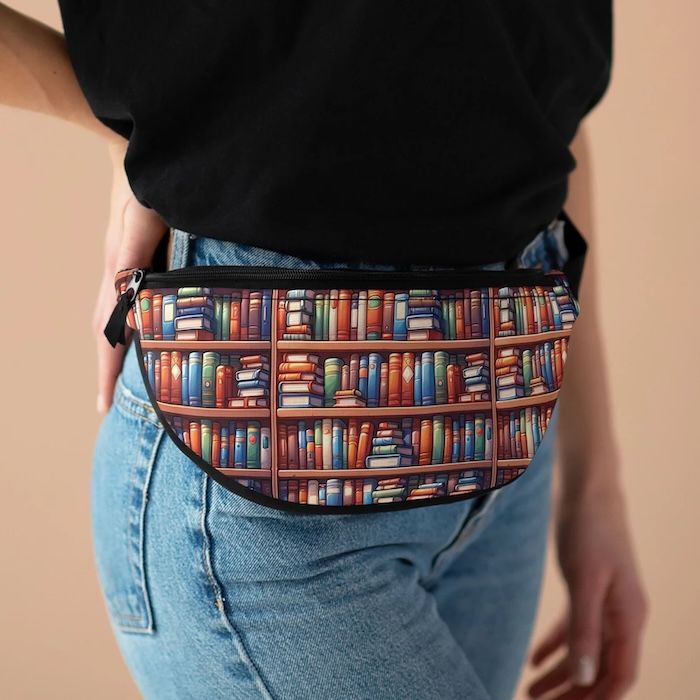 fanny pack in a colorful bookshelf print