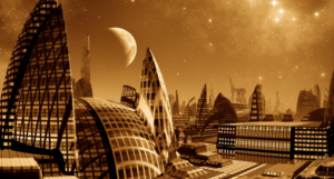 a sepia-toned sci-fi city