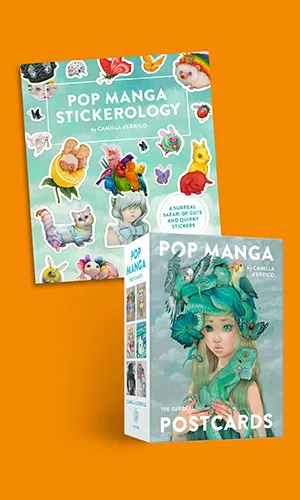 Covers of Pop Manga Stickerology and Pop Manga Postcards by Camilla d'Errico. 