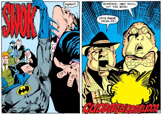 Batman punches one of Scarface's henchmen. Scarface reacts by opening fire, ignoring Ventroliquist's urging not to.