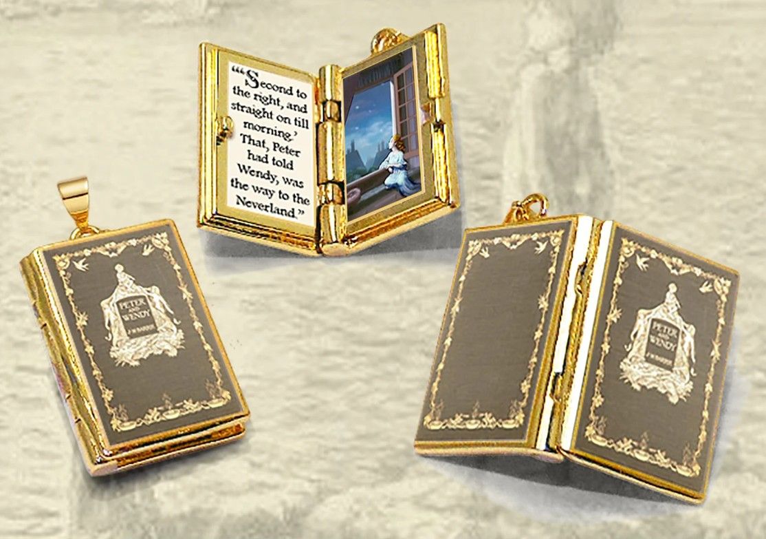 Three lockets, one of them open to reveal text