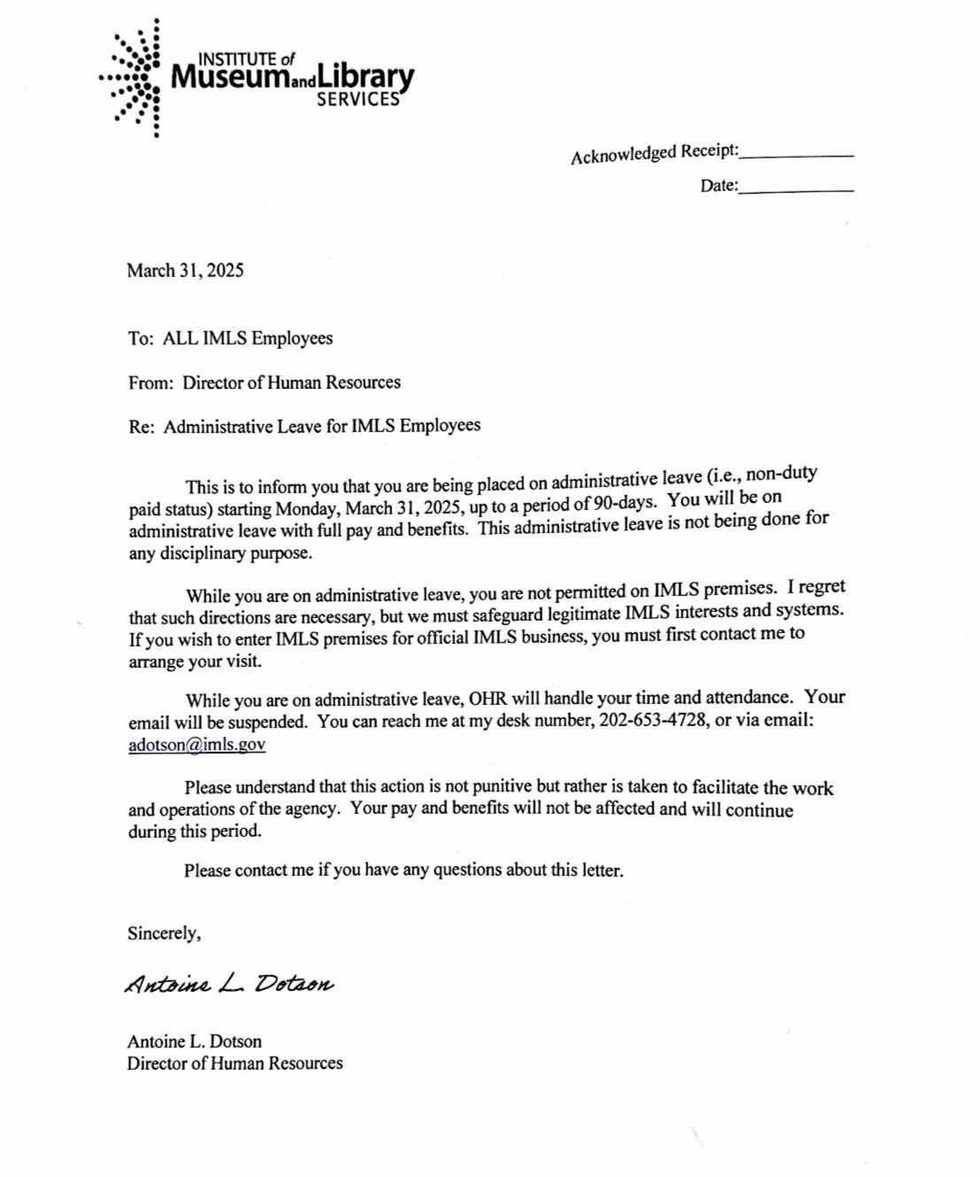 Image of the letter all IMLS staff received about administrative leave. 