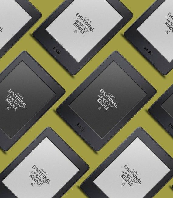 Kindles with custom white and black backgrounds that read "NAME's emotional support kindle" set in a diagonal pattern against a green background