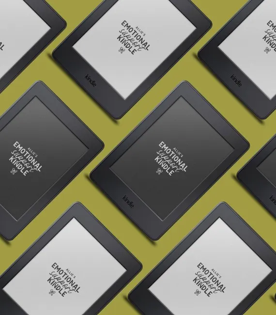 Kindles with custom white and black backgrounds that read "NAME's emotional support kindle" set in a diagonal pattern against a green background