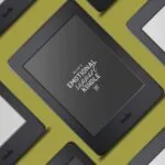 Kindles with custom white and black backgrounds that read "NAME's emotional support kindle" set in a diagonal pattern against a green background
