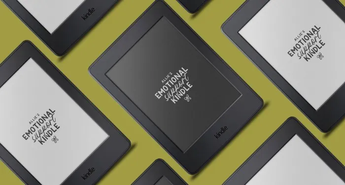 Kindles with custom white and black backgrounds that read "NAME's emotional support kindle" set in a diagonal pattern against a green background