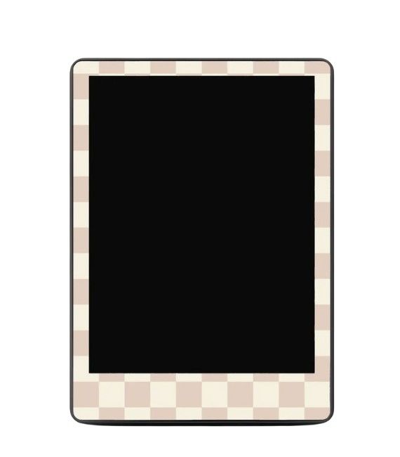 An image of a kindle with a blank screen with a tan and cream checkerboard skin sticker surrounding the screen