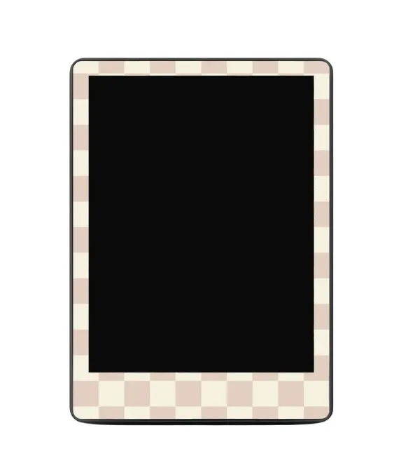 An image of a kindle with a blank screen with a tan and cream checkerboard skin sticker surrounding the screen