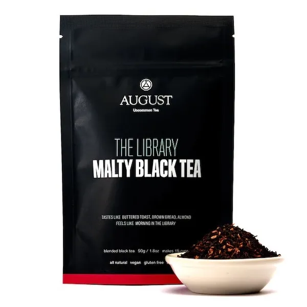 a black resealable pouch of The Library loose leaf tea from August Uncommon