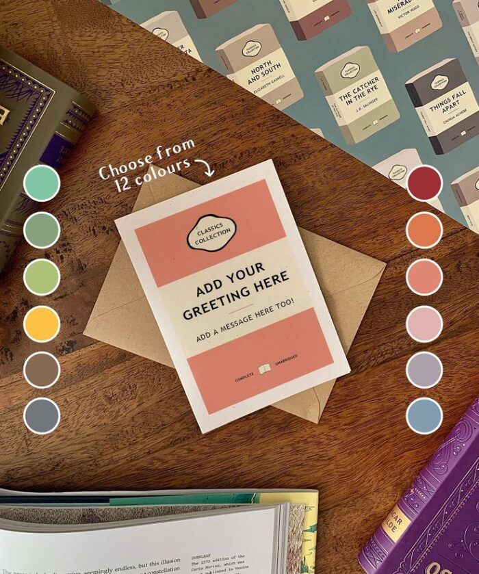 penguin classics book cover template with text that says "add your greeting here," next to color choices