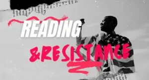 reading resistance banner with mixed media and a Black person wrapped in an American flag