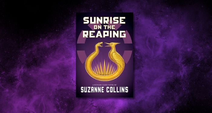 sunrise on the reaping book cover against dark purple galaxy background