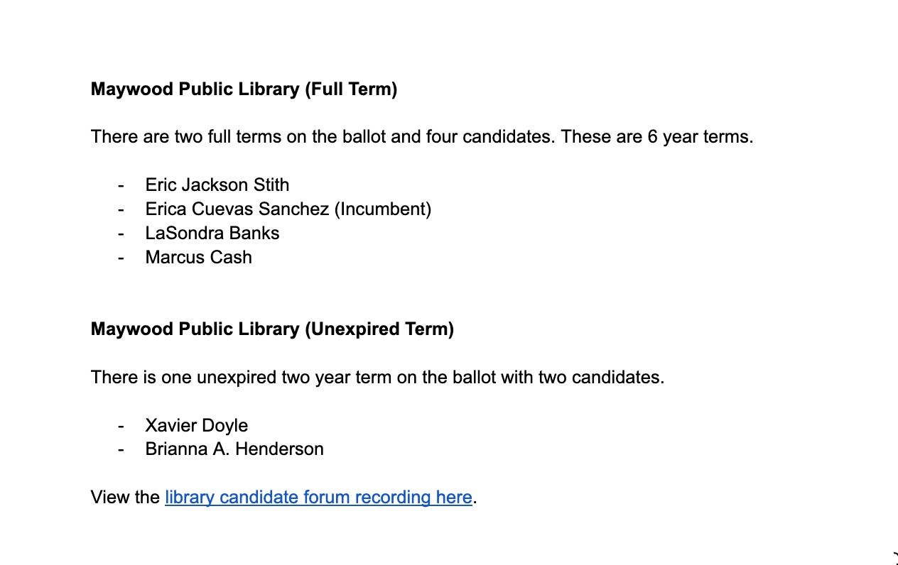 Image of Kelly Jensen's Illinois public library elections voter guide, with the example of how she listed candidates and terms for the Maywood Public Library election.